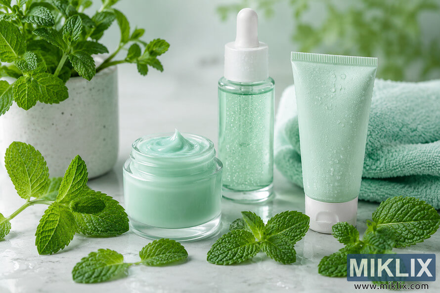 A serene arrangement of mint-colored skincare products displayed on a light marble surface surrounded by fresh mint leaves. The scene includes a glass jar of cream, a frosted serum bottle with dropper, and a mint-green cosmetic tube beside folded towels in soft natural lighting. A serene arrangement of mint-colored skincare products displayed on a light marble surface surrounded by fresh mint leaves. The scene includes a glass jar of cream, a frosted serum bottle with dropper, and a mint-green cosmetic tube beside folded towels in soft natural lighting.