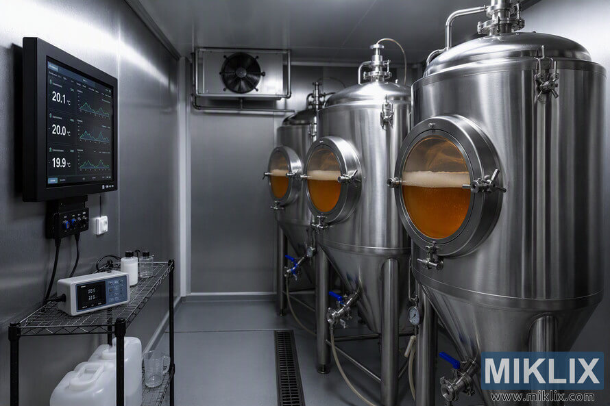 Professional temperature-controlled fermentation chamber containing multiple stainless steel conical fermenters filled with fermenting beer, viewed in a clean industrial brewing environment. Large cylindrical tanks with sight windows reveal amber beer and foam, while a wall-mounted digital monitoring display and laboratory equipment track temperature and fermentation conditions. Bright lighting reflects from brushed metal surfaces, emphasizing hygienic brewery production and process control. Professional temperature-controlled fermentation chamber containing multiple stainless steel conical fermenters filled with fermenting beer, viewed in a clean industrial brewing environment. Large cylindrical tanks with sight windows reveal amber beer and foam, while a wall-mounted digital monitoring display and laboratory equipment track temperature and fermentation conditions. Bright lighting reflects from brushed metal surfaces, emphasizing hygienic brewery production and process control.