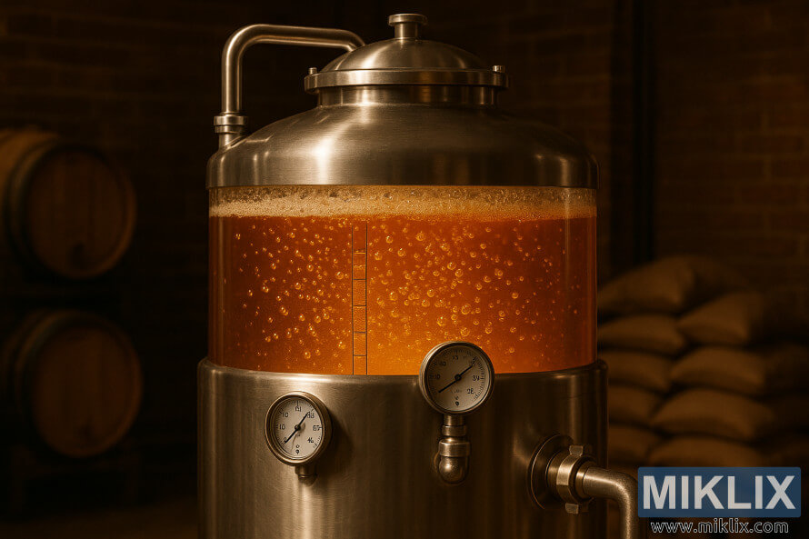 Rezervuar fermentimi prej Ã§eliku inox me lÃ«ng qelibar qÃ« flluskon nÃ« njÃ« mjedis tÃ« ngrohtÃ« birre.