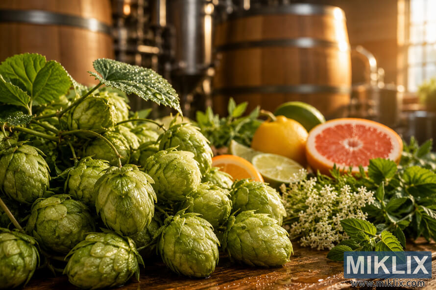 Close-up landscape photograph of fresh green hop cones covered with morning dew, surrounded by citrus fruits and light green herbs on a rustic wooden table inside a softly blurred brewery with wooden barrels and warm golden lighting. Close-up landscape photograph of fresh green hop cones covered with morning dew, surrounded by citrus fruits and light green herbs on a rustic wooden table inside a softly blurred brewery with wooden barrels and warm golden lighting.