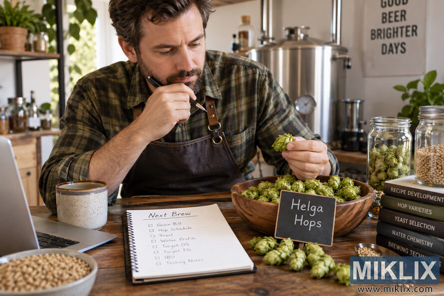 Homebrewer in a rustic brewing workspace thoughtfully examining a green hop cone beside a recipe notebook, brewing ingredients, books, and stainless-steel equipment. Homebrewer in a rustic brewing workspace thoughtfully examining a green hop cone beside a recipe notebook, brewing ingredients, books, and stainless-steel equipment.