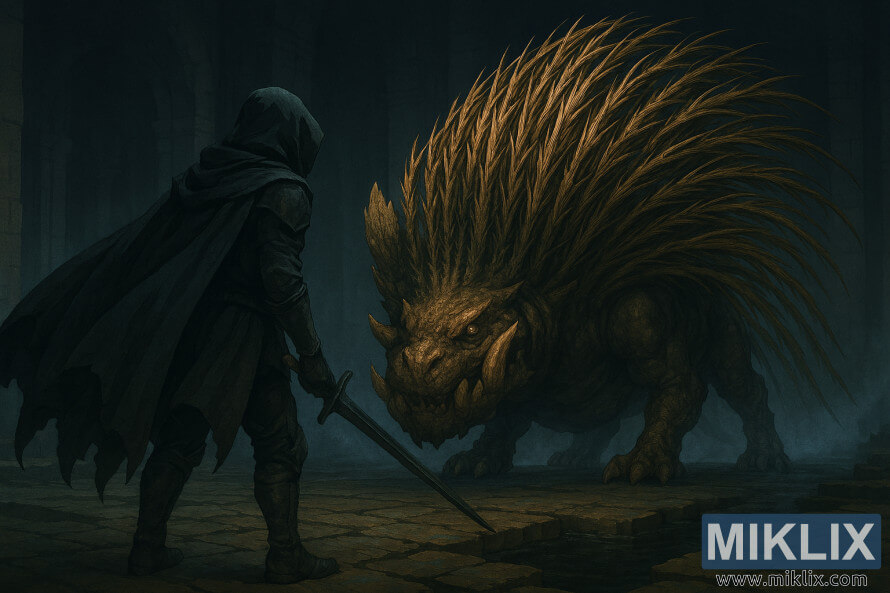 Anime-style fan art of the Tarnished in Black Knife armor seen from behind, facing the Golden Hippopotamus boss in Elden Ring: Shadow of the Erdtree