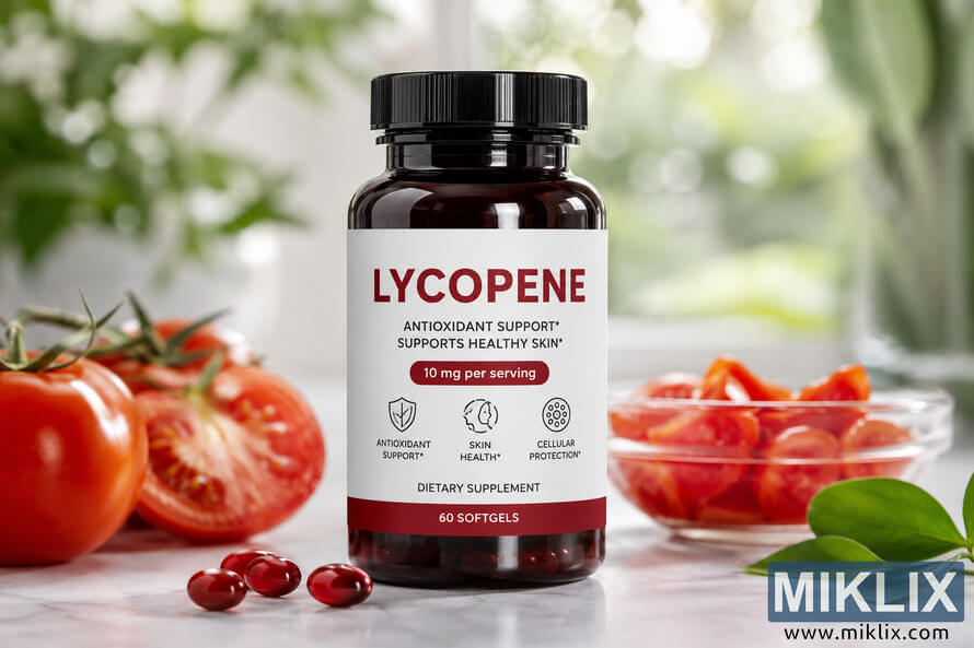 High-resolution product image of an amber lycopene dietary supplement bottle with a black cap and a clean white label, displayed on a light stone surface alongside red softgel capsules, fresh whole and sliced tomatoes, green leaves, and a softly blurred natural background that conveys skin health and antioxidant support. High-resolution product image of an amber lycopene dietary supplement bottle with a black cap and a clean white label, displayed on a light stone surface alongside red softgel capsules, fresh whole and sliced tomatoes, green leaves, and a softly blurred natural background that conveys skin health and antioxidant support.