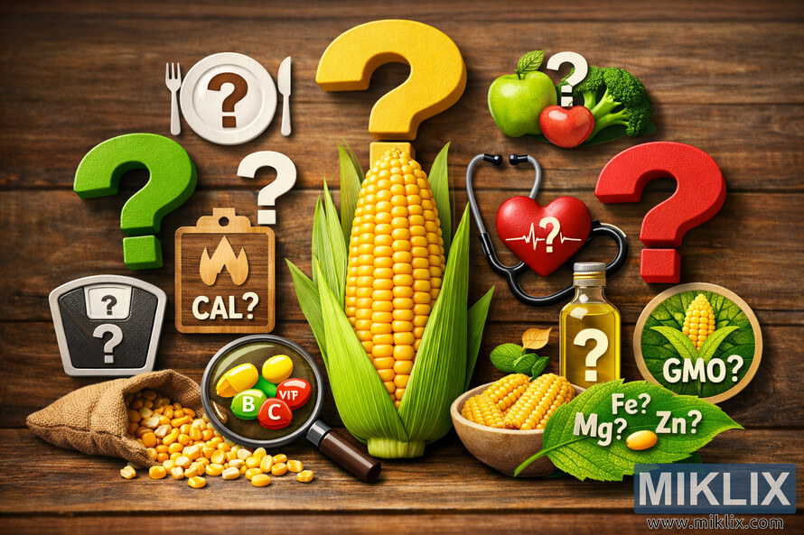 A detailed photo showing corn surrounded by colorful question marks and health icons, symbolizing common questions about corn nutrition, vitamins, calories, and health effects. A detailed photo showing corn surrounded by colorful question marks and health icons, symbolizing common questions about corn nutrition, vitamins, calories, and health effects.