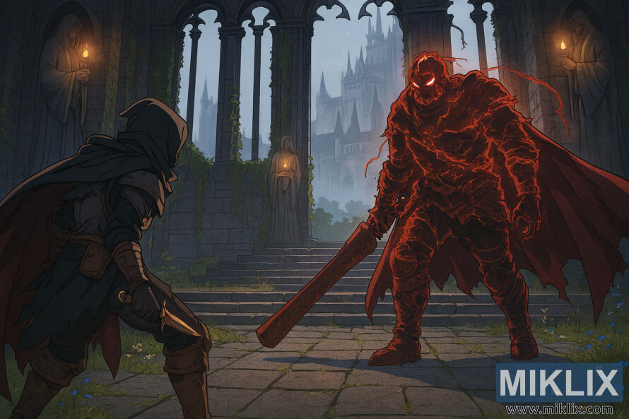 FanÃºÅ¡ikovskÃ© umenie v anime Å¡tÃ½le s postavou PoÅ¡kvrnenÃ©ho v brnenÃ­ Äierneho noÅ¾a, ktorÃ¡ ÄelÃ­ bossovi Hunterovi s Bell-Bearing v hre Elden Ring's Church of Vows.