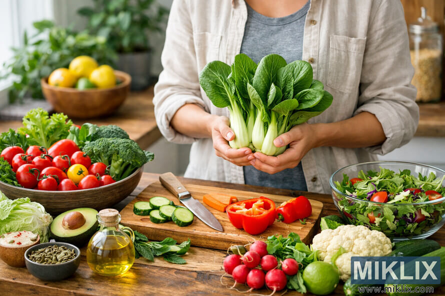 Person holding fresh bok choy surrounded by colorful vegetables on a kitchen countertop, symbolizing a healthy lifestyle. Person holding fresh bok choy surrounded by colorful vegetables on a kitchen countertop, symbolizing a healthy lifestyle.