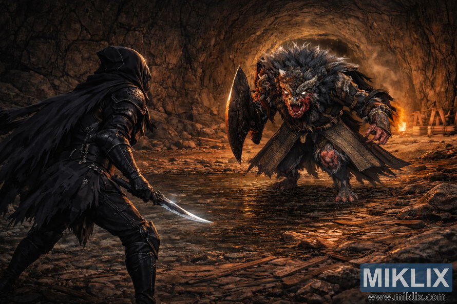 Anime stÃ­lusÃº szÃ©les barlangjelenet, amelyben bal oldalon a fekete pÃ¡ncÃ©lÃº Tarnished, bal oldalon pedig a Farum Azule-i Beastman lÃ¡thatÃ³ egy sekÃ©ly medencÃ©n keresztÃ¼l, pillanatokkal a csata elÅtt.