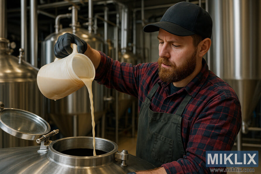 Brewer pouring liquid yeast from a jug into a stainless-steel fermentation tank in a commercial brewery.