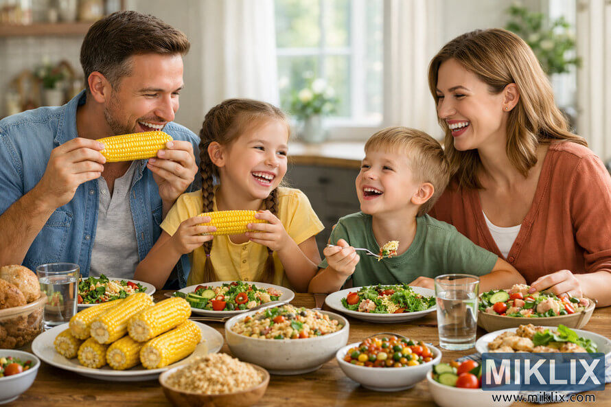 A smiling family of four sitting around a wooden dining table enjoying a healthy meal with corn and whole grains in a bright kitchen. A smiling family of four sitting around a wooden dining table enjoying a healthy meal with corn and whole grains in a bright kitchen.