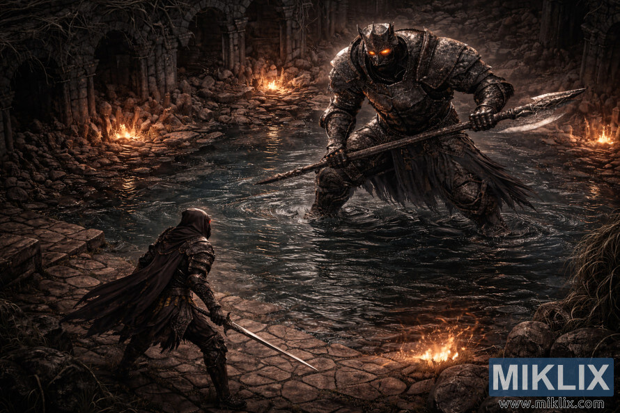 ScenÄ izometricÄ Ã®ntunecatÄ Èi fantasticÄ a unui spadasin cu glugÄ Èi armurÄ care se confruntÄ cu un cavaler colosal în formÄ de halebardÄ Ã®ntr-o arenÄ de piatrÄ inundatÄ Èi ruinatÄ Ã®nainte de luptÄ. ScenÄ izometricÄ Ã®ntunecatÄ Èi fantasticÄ a unui spadasin cu glugÄ Èi armurÄ care se confruntÄ cu un cavaler colosal în formÄ de halebardÄ Ã®ntr-o arenÄ de piatrÄ inundatÄ Èi ruinatÄ Ã®nainte de luptÄ.