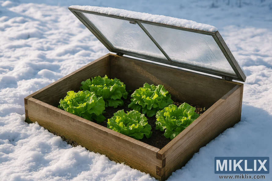 Cold frame sheltering lettuce plants in a snowy garden during winter