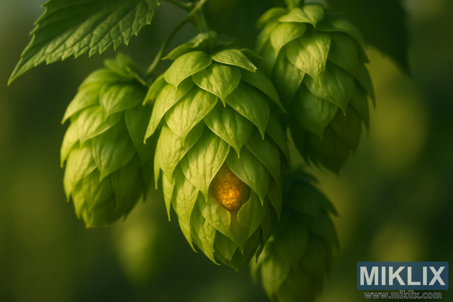 Fotografija izbliza Å¾ivopisnih zelenih Å¡iÅ¡arki hmelja iz Newporta sa zlatnim lupulinom vidljivim unutra.