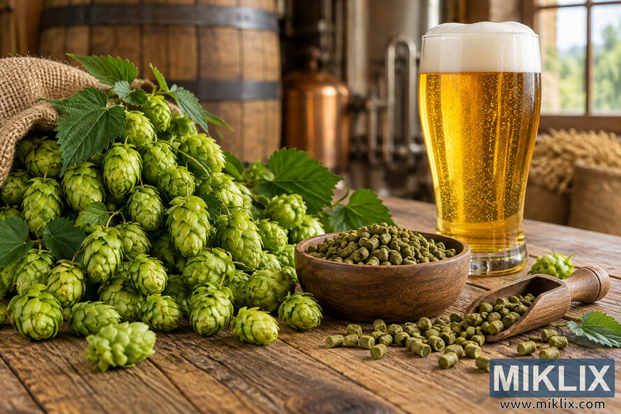 Fresh green Spalt hop cones and hop pellets arranged on a rustic wooden brewing table beside a clear glass of golden lager with a foamy head, with barrels and brewery equipment softly blurred in the background. Fresh green Spalt hop cones and hop pellets arranged on a rustic wooden brewing table beside a clear glass of golden lager with a foamy head, with barrels and brewery equipment softly blurred in the background.