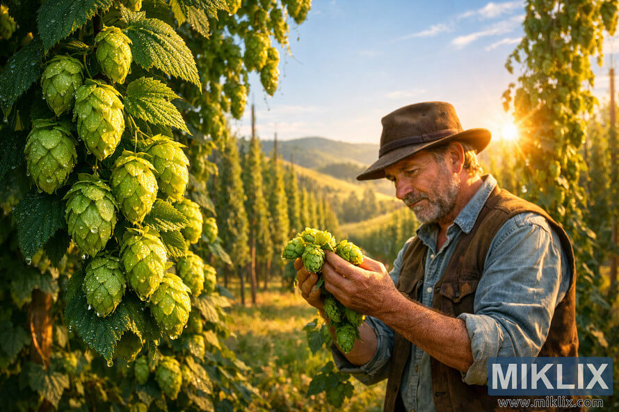 Farmer inspecting dew-covered Southern Promise hops in a sunlit hop farm with rolling hills at sunrise.