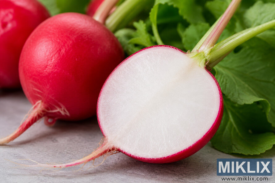 Landscape-oriented close-up photograph of a freshly cut red radish with a bright white interior, surrounded by whole radishes and green leaves on a light neutral surface under soft natural lighting.