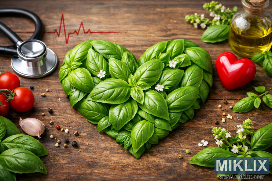 Heart-shaped arrangement of fresh basil leaves on rustic wood, with ECG line, stethoscope, red heart, tomatoes, garlic, peppercorns, seeds, and olive oil symbolizing cardiovascular health. Heart-shaped arrangement of fresh basil leaves on rustic wood, with ECG line, stethoscope, red heart, tomatoes, garlic, peppercorns, seeds, and olive oil symbolizing cardiovascular health.