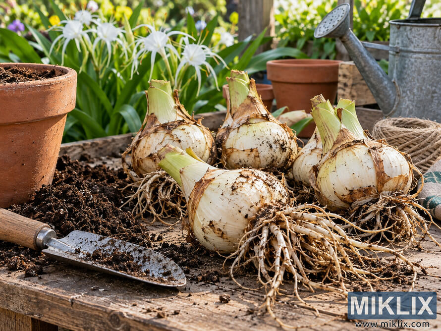 Hymenocallis-style bulbs with roots on a rustic potting bench beside soil, terracotta pots, a trowel, twine, and a watering can.