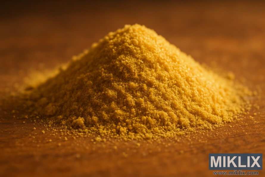 Naby-opname van 'n klein hoopie goudgeel Bravo-hoplupulienpoeier op hout.