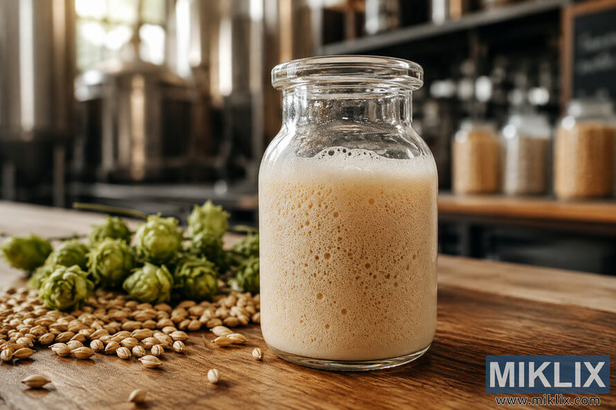 Close-up of creamy white witbier yeast with tiny bubbles and a frothy head inside a clear glass vial on a rustic wooden table, surrounded by barley grains and fresh hops, with a softly blurred brewery background illuminated by natural light.