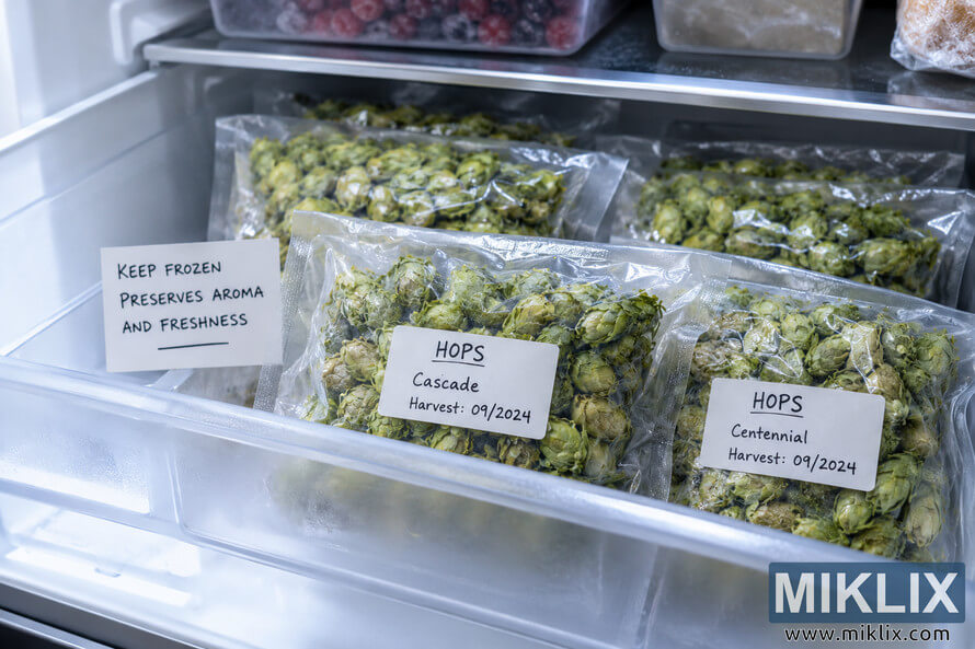 Landscape photo of properly stored hops in a freezer, with whole green hop cones sealed in clear airtight bags, labeled by hop variety and harvest date, and organized inside a clean freezer drawer beside a note recommending that they be kept frozen to preserve aroma and freshness. Landscape photo of properly stored hops in a freezer, with whole green hop cones sealed in clear airtight bags, labeled by hop variety and harvest date, and organized inside a clean freezer drawer beside a note recommending that they be kept frozen to preserve aroma and freshness.