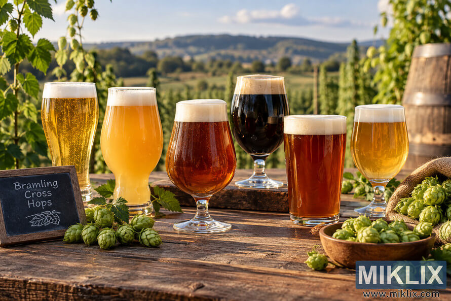 Six varied beer styles in proper glassware arranged on a rustic wooden table with fresh Bramling Cross hop cones, hop leaves, a chalkboard, and a sunlit rural hop-growing landscape in the background.