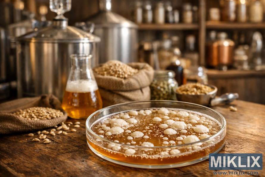Close-up of a brewerâs yeast culture in a petri dish on a wooden table, with fermentation vessels, malt, and hops softly blurred in a warm brewery background.