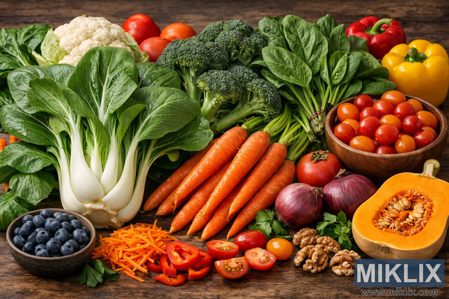 A colorful assortment of fresh bok choy, carrots, and other eye-healthy vegetables arranged on a rustic wooden table. A colorful assortment of fresh bok choy, carrots, and other eye-healthy vegetables arranged on a rustic wooden table.