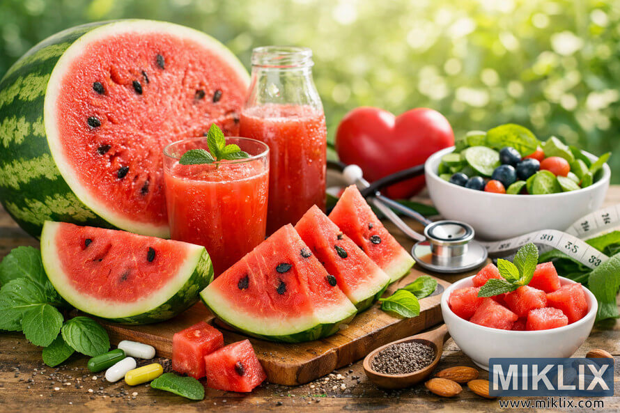 A bright landscape photo showing fresh watermelon slices, juice, mint leaves, and health-related items like a stethoscope and heart symbol arranged on a wooden table in a sunny garden setting. A bright landscape photo showing fresh watermelon slices, juice, mint leaves, and health-related items like a stethoscope and heart symbol arranged on a wooden table in a sunny garden setting.
