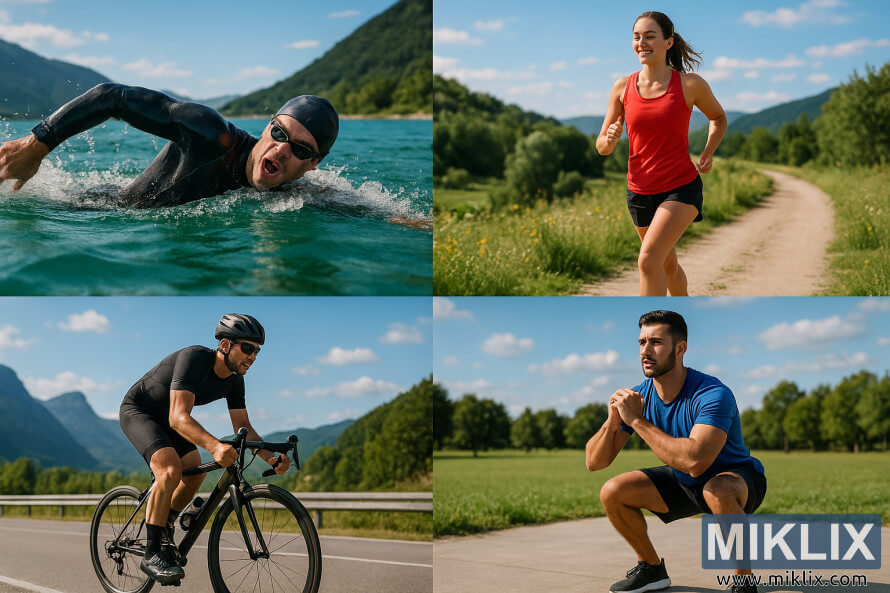 Collage showing people swimming, running, cycling, and exercising outdoors in scenic natural landscapes under bright daylight.
