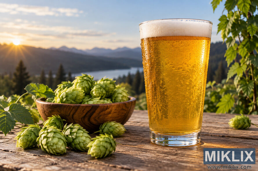 A chilled, unbranded glass of golden hoppy pale ale with a creamy foam head stands on a rustic wooden table beside a bowl of fresh green hop cones, with mountains, evergreen forest, water, and a warm sunset softly blurred in the background. A chilled, unbranded glass of golden hoppy pale ale with a creamy foam head stands on a rustic wooden table beside a bowl of fresh green hop cones, with mountains, evergreen forest, water, and a warm sunset softly blurred in the background.