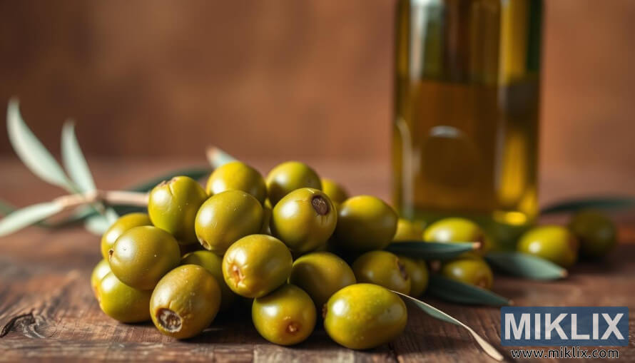 Cluster of green olives on wood with a glass bottle of olive oil under soft natural light.