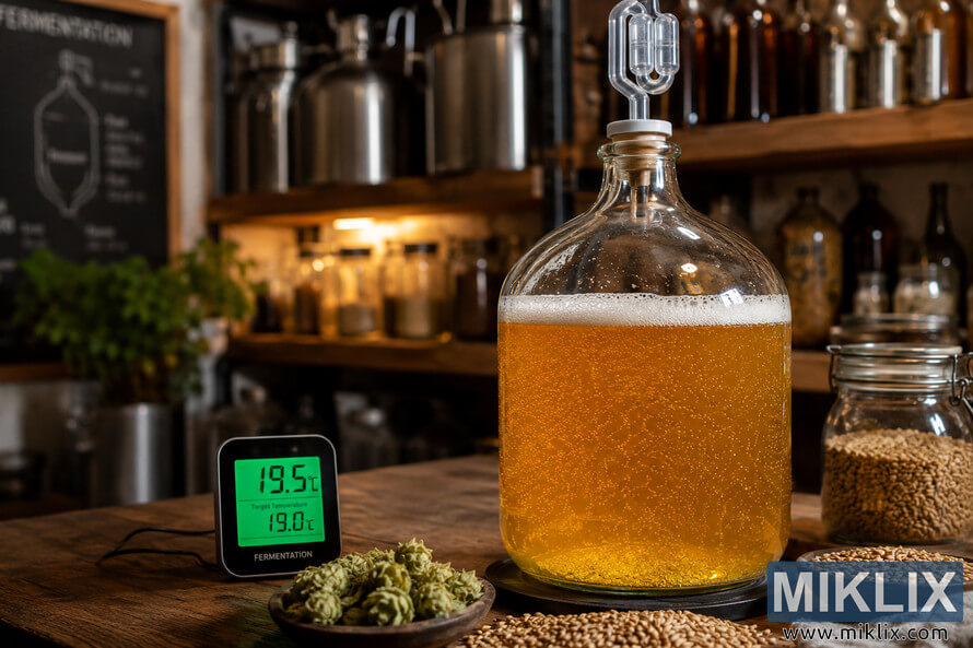 A warmly lit home brewing fermentation setup featuring a bubbling glass carboy filled with golden wheat beer on a wooden countertop, surrounded by hops, malt, and brewing tools, with a glowing digital thermometer in the background. A warmly lit home brewing fermentation setup featuring a bubbling glass carboy filled with golden wheat beer on a wooden countertop, surrounded by hops, malt, and brewing tools, with a glowing digital thermometer in the background.