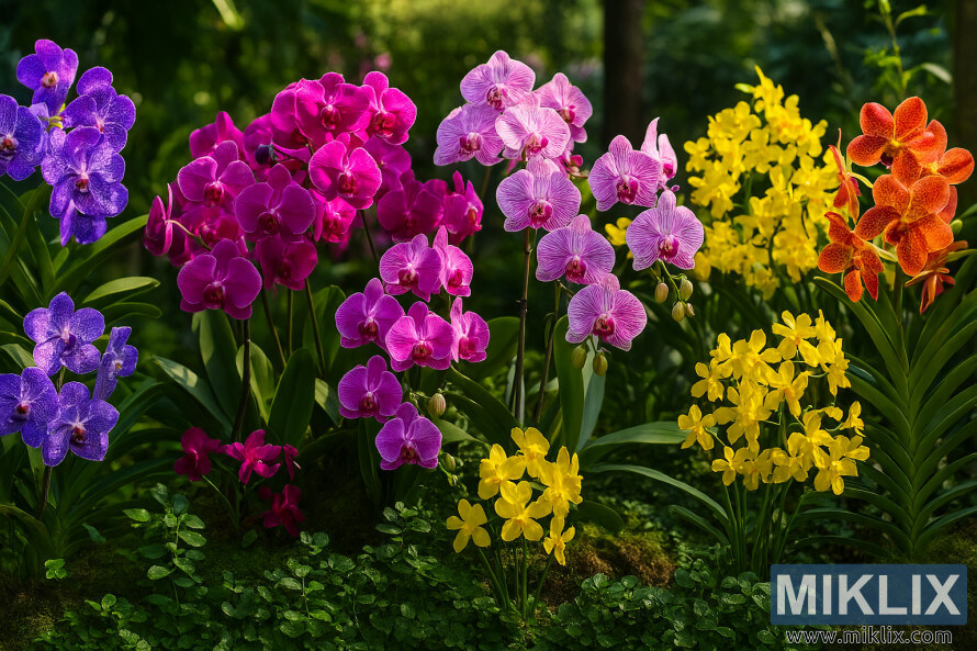 Des variÃ©tÃ©s dâorchidÃ©es colorÃ©es en pleine floraison, amÃ©nagÃ©es dans un jardin ensoleillÃ© avec un feuillage vert luxuriant