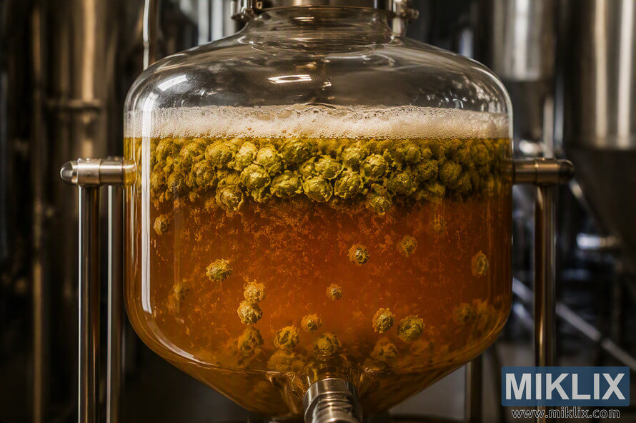 Close-up landscape photograph of a transparent glass fermenter filled with amber-colored fermenting beer. Large quantities of green hop cones used for dry hopping are visible near the surface and throughout the liquid, with bubbles from active fermentation rising inside the vessel. Stainless steel brewing equipment appears softly blurred in the background. Close-up landscape photograph of a transparent glass fermenter filled with amber-colored fermenting beer. Large quantities of green hop cones used for dry hopping are visible near the surface and throughout the liquid, with bubbles from active fermentation rising inside the vessel. Stainless steel brewing equipment appears softly blurred in the background.