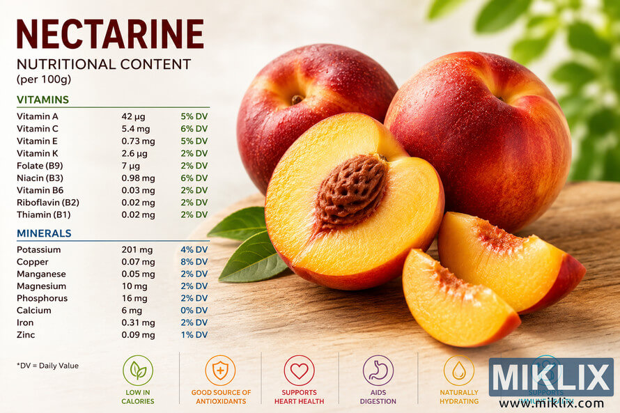 Landscape infographic featuring fresh nectarines alongside detailed nutritional information. The design includes whole and sliced nectarines on a wooden surface with a clean light background. On the left side, a nutrition panel lists vitamins such as Vitamin A, Vitamin C, Vitamin E, Vitamin K, Folate, Niacin, Vitamin B6, Riboflavin, and Thiamin, as well as minerals including Potassium, Copper, Manganese, Magnesium, Phosphorus, Calcium, Iron, and Zinc. Decorative health icons at the bottom highlight benefits such as antioxidants, hydration, digestion support, immune health, and heart health. Landscape infographic featuring fresh nectarines alongside detailed nutritional information. The design includes whole and sliced nectarines on a wooden surface with a clean light background. On the left side, a nutrition panel lists vitamins such as Vitamin A, Vitamin C, Vitamin E, Vitamin K, Folate, Niacin, Vitamin B6, Riboflavin, and Thiamin, as well as minerals including Potassium, Copper, Manganese, Magnesium, Phosphorus, Calcium, Iron, and Zinc. Decorative health icons at the bottom highlight benefits such as antioxidants, hydration, digestion support, immune health, and heart health.