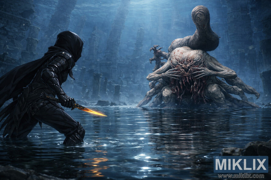 Anime-style fan art of the Tarnished in Black Knife armor standing knee-deep in shallow water while facing Metyr, Mother of Fingers, in the flooded Finger Ruins of Miyr.