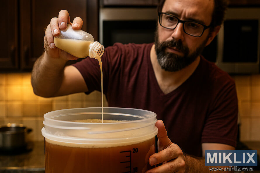 Homebrewer pouring liquid yeast into fermentation vessel with amber wort in a kitchen Homebrewer pouring liquid yeast into fermentation vessel with amber wort in a kitchen