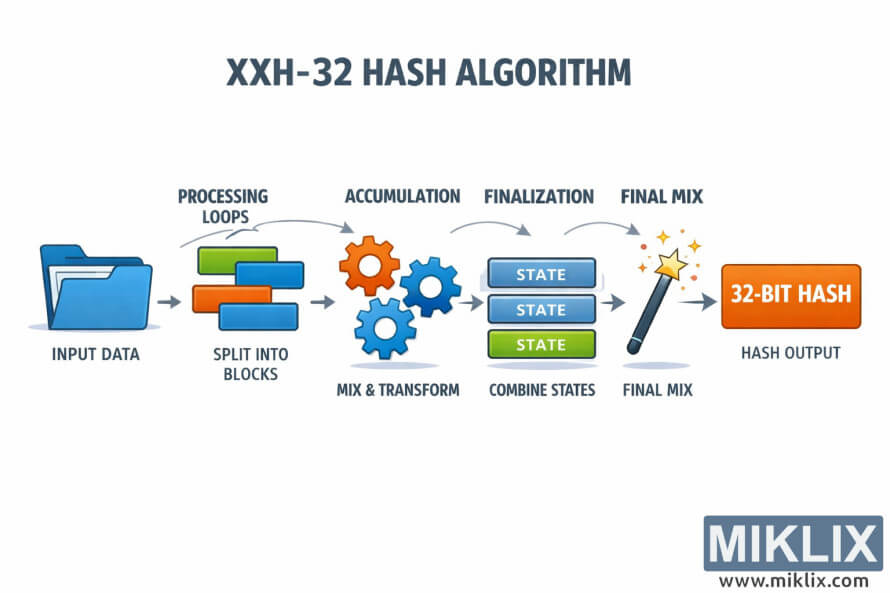 इन्फोग्राफिक में इनपुट डेटा से लेकर ब्लॉक प्रोसेसिंग, मिक्सिंग, स्टेट कॉम्बिनेशन और फाइनल 32-bit हैश आउटपुट तक XXH-32 हैशिंग प्रोसेस को दिखाया गया है।