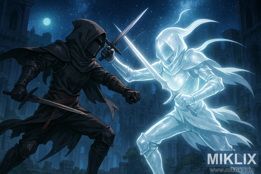 Fan art de style anime montrant le Sans-Ã©clat combattant une Larme Mimique lumineuse dans Nokron Eternal City