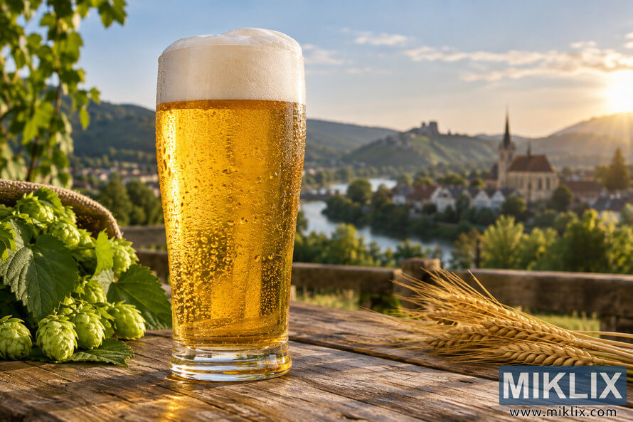 A chilled, unbranded glass of golden German-style lager with a thick white foam head and condensation stands on a rustic wooden table beside fresh green hops and golden barley, overlooking a sunlit European river valley and village at golden hour. A chilled, unbranded glass of golden German-style lager with a thick white foam head and condensation stands on a rustic wooden table beside fresh green hops and golden barley, overlooking a sunlit European river valley and village at golden hour.