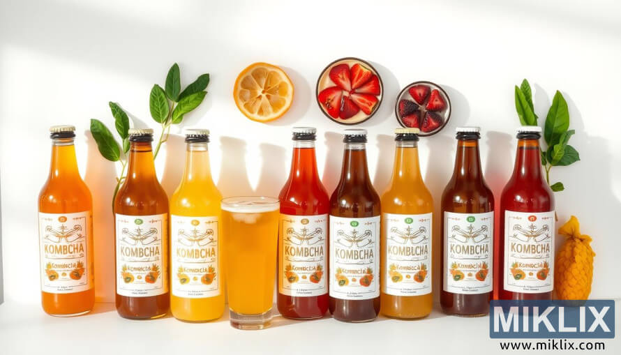 Ampolles i gots de kombucha de diversos sabors disposats sobre un fons blanc net amb una il·luminació suau. Ampolles i gots de kombucha de diversos sabors disposats sobre un fons blanc net amb una il·luminació suau.