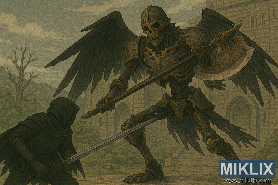 ฉากสไตล์อะนิเมะที่ Tarnished กำลังต่อสู้กับ Black Blade Kindred โครงกระดูกร่างสูงใหญ่ด้วยขวานสองมือข้างนอก Bestial Sanctum