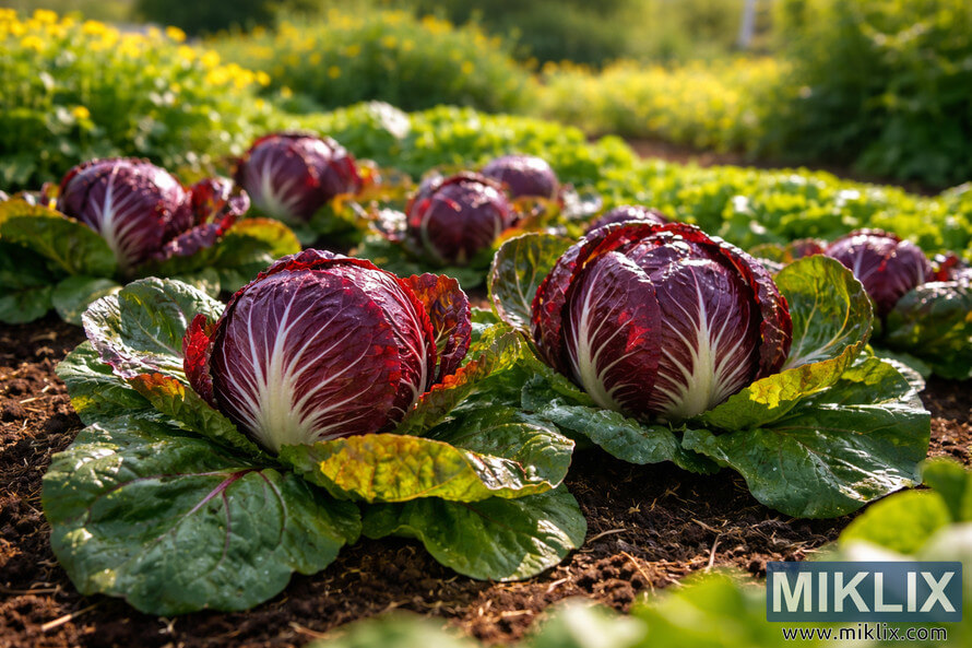 Deep burgundy radicchio heads with white veins growing in rich soil, illuminated by warm sunlight in a lush vegetable garden.