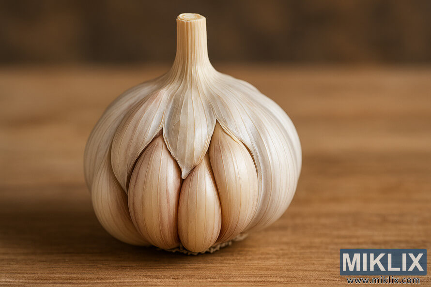 Un gros plan dÃ©taillÃ© dâun bulbe dâail Ã  col mou montrant plusieurs gousses et des couches de papier sur une surface en bois.