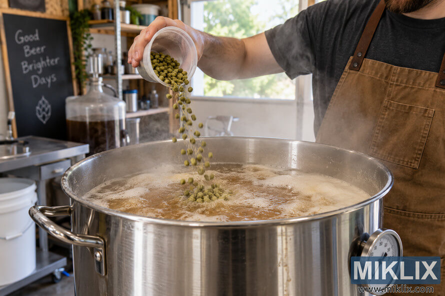 Homebrewer in a brown canvas apron pouring green hop pellets from a clear container into a large stainless-steel kettle of boiling amber wort in a naturally lit home brewery. Homebrewer in a brown canvas apron pouring green hop pellets from a clear container into a large stainless-steel kettle of boiling amber wort in a naturally lit home brewery.