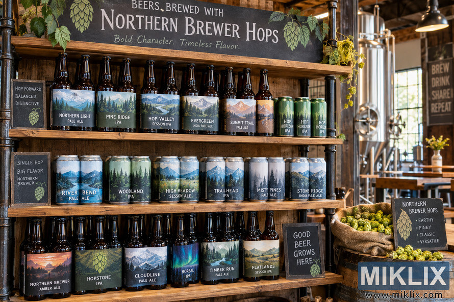 Landscape view of rustic wooden brewery shelves filled with fictional craft beer bottles and cans, surrounded by fresh green hops, chalkboard signs, wooden barrels, and stainless-steel brewing tanks.