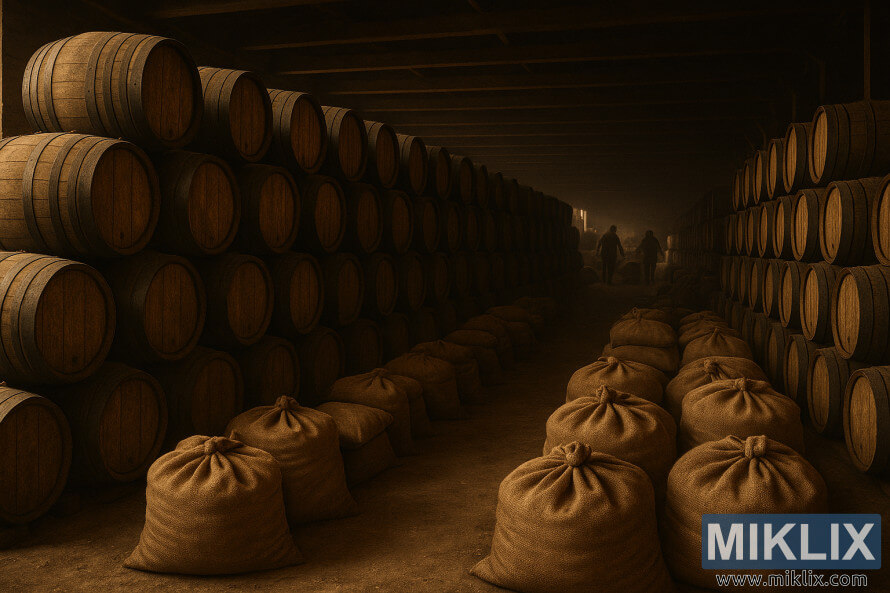 Slabo osvetljeno skladiÅ¡Äe z vrstami lesenih sodov in jutastih vreÄ, v katerih je pod zlato svetlobo shranjen blagi slad za pivo.