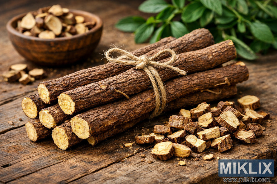 Close-up of fresh licorice roots tied with twine and dried root pieces scattered on a rustic wooden surface.
