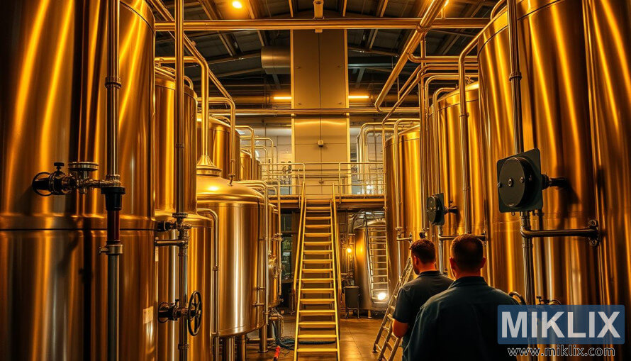 Pekerja memantau fermentasi dalam tangki baja berkilau di tempat pembuatan bir modern.