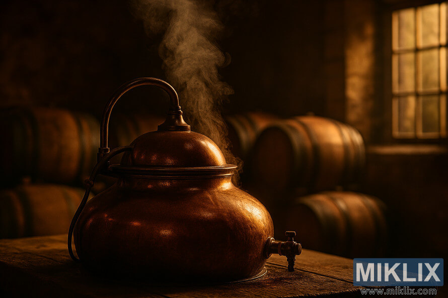 Tempat pembuatan bir yang remang-remang dengan ketel tembaga yang mendidih di tengahnya, uap mengepul, tong kayu ek di latar belakang, dan cahaya hangat yang masuk melalui jendela.